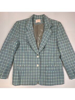 Vintage Pendleton Women 16 Blue Gray Houndstooth Check 100% Virgin Wool Blazer